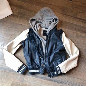 UO Obey Blue Grey White Hooded Letterman Jacket